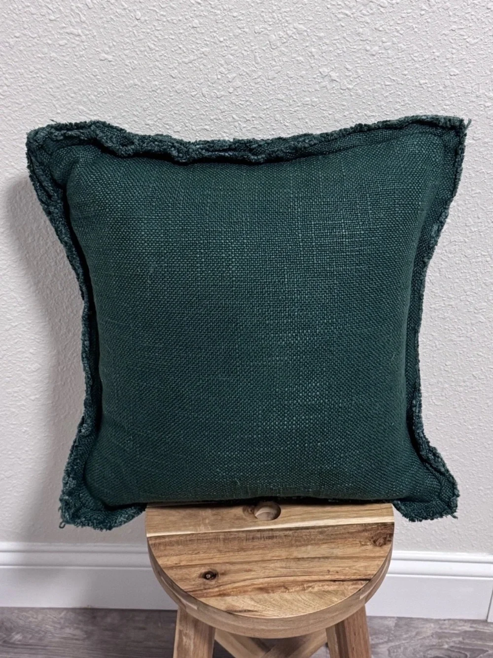 Anthropologie Luxe Emerald Green Linen Blend Pillow Cover 18x18 Fringed Edge